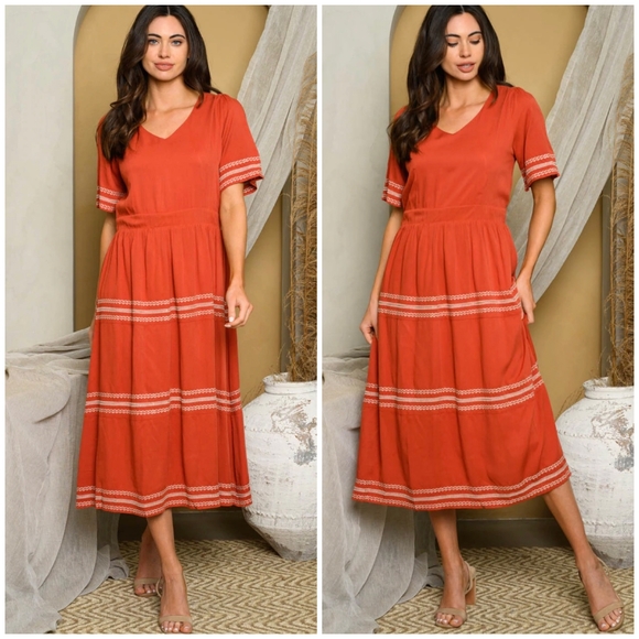LAST ONE❗️POLAGRAM Boho Chic Rust Short Embroidered Detail Midi Tired Dress - Picture 5 of 5